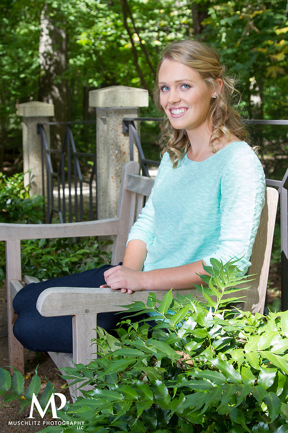 Seated on bench at Inniswood Metro Gardens in Westerville, OH.